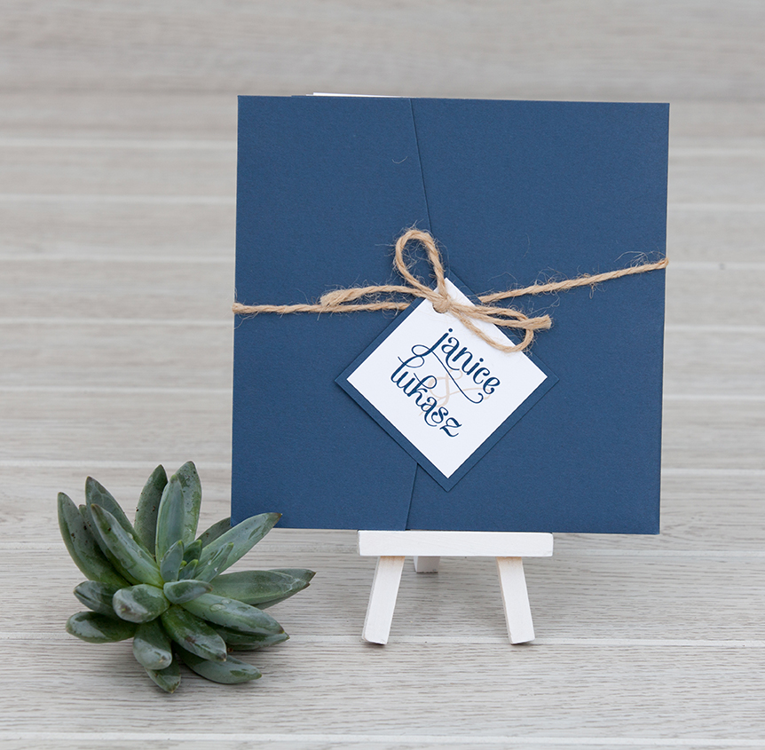 Navy blue square pocket fold wedding invitation