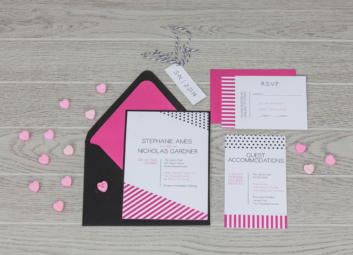 Bold pink and black bundled wedding invitation