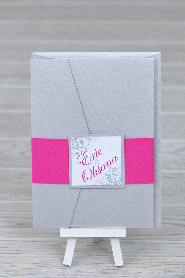 Silver and pink pocket fold wedding invitation