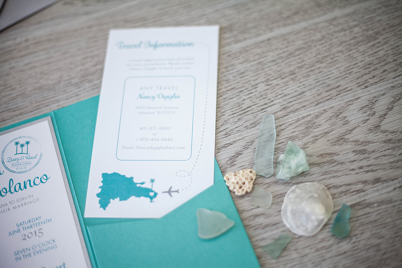 Turquoise pocket fold invitation | Destination Wedding