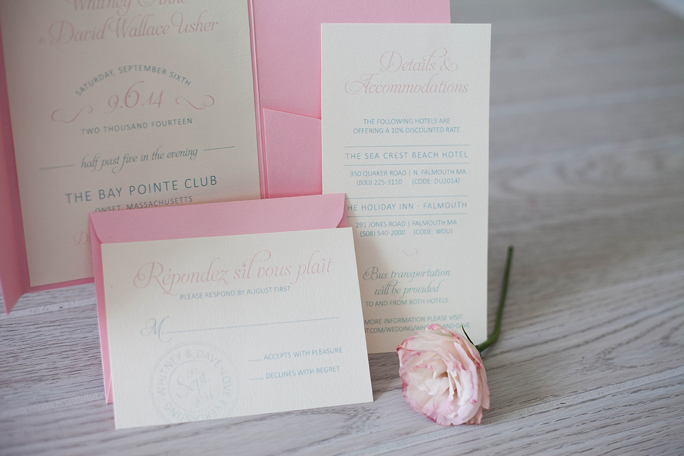 Pink and blue pocket fold wedding invitation | French inspired
