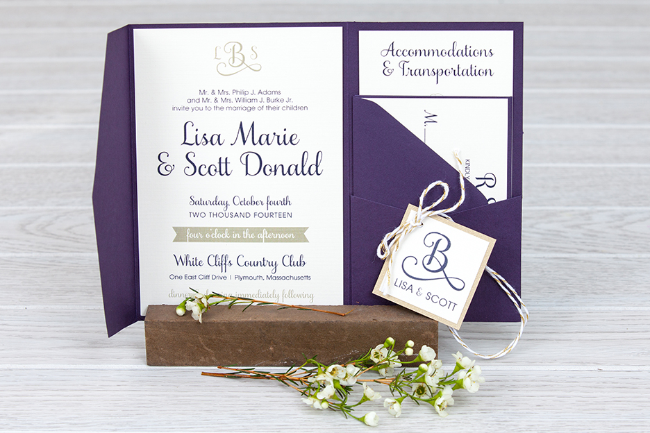 Plum and gold pocket fold wedding invitation | Fall wedding